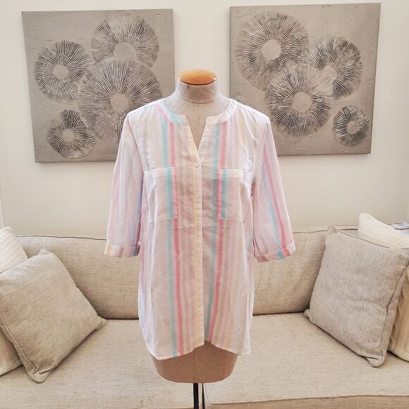 Chico's Summer Fun Stripe Lurex 3/4-Sleeve Shirt Sz Med - Picture 1 of 11